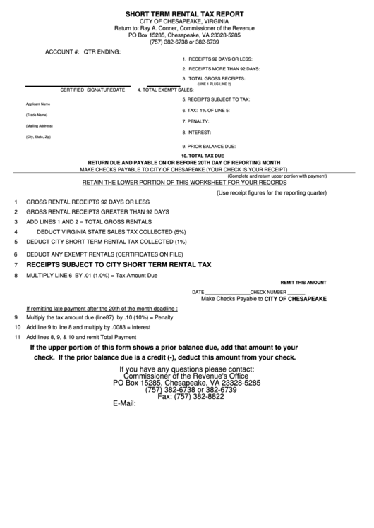 Fillable Short Term Rental Tax Report Form City Of Chesapeake