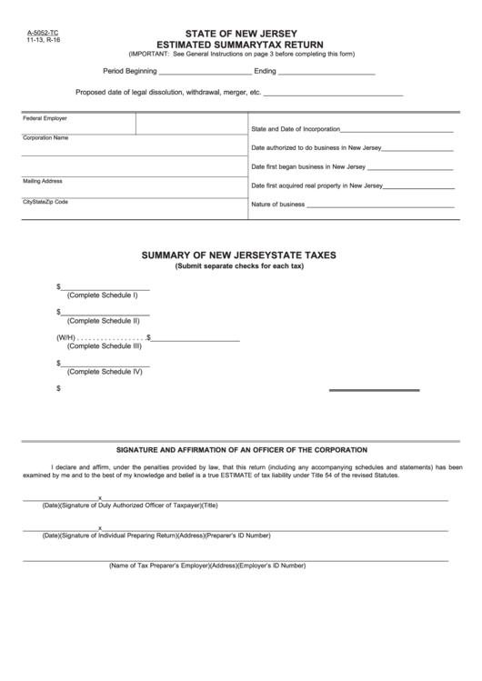 Fillable Form A5052Tc Estimated Summary Tax Return 2016 printable