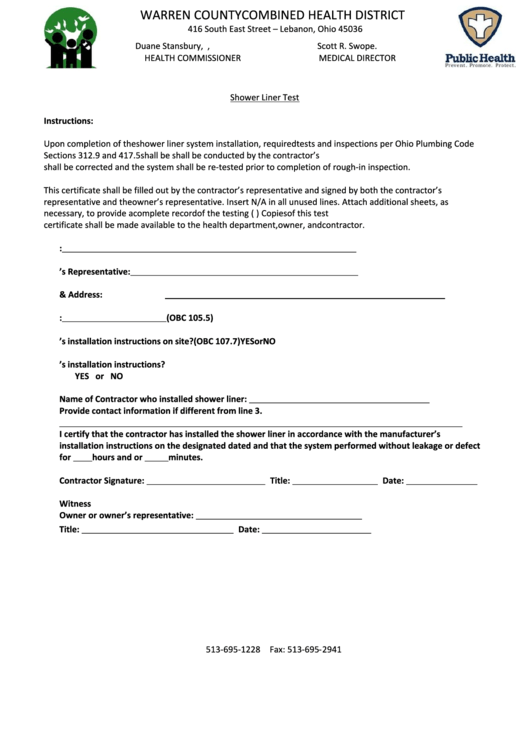 Fillable Shower Liner Test Form printable pdf download