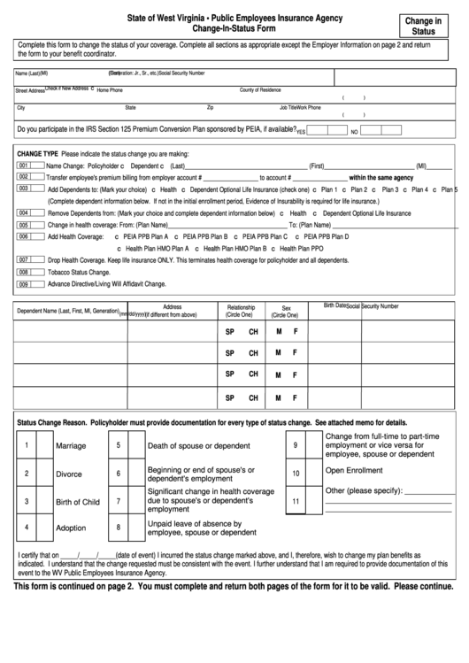 Fillable Peia Change In Status Form State Of West