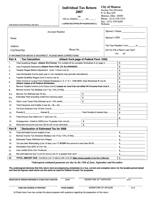 Individual Tax Return Form City Of Monroe 2007 printable pdf download
