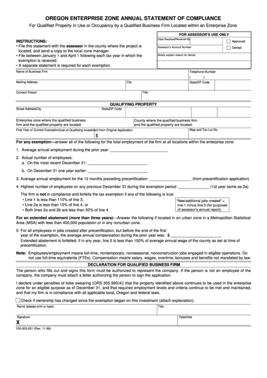 Form 150303051 Oregon Enterprise Zone Annual Statement Of