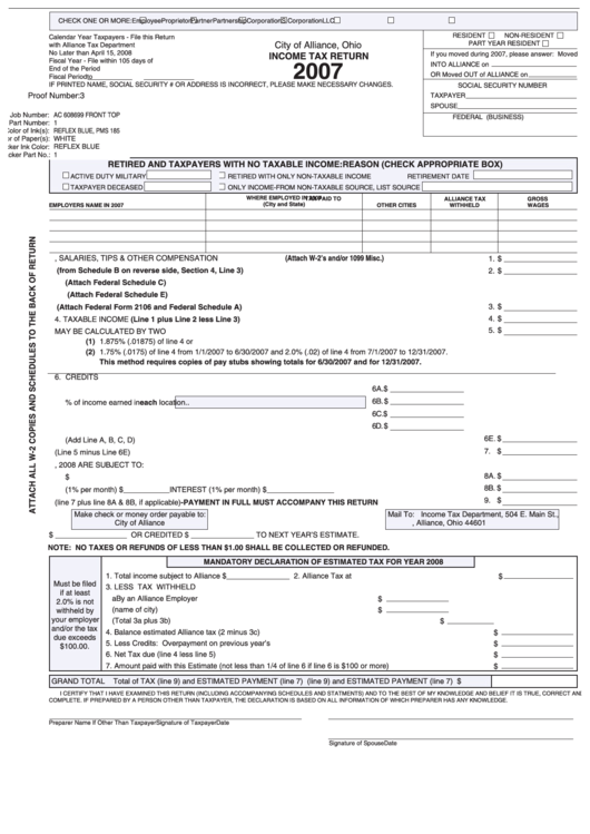 Fillable City Of Alliance, Ohio Tax Return Form 2007 printable