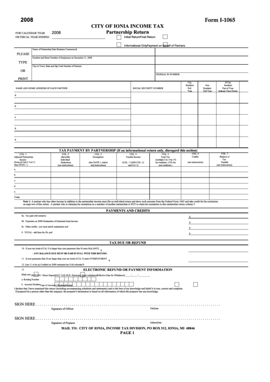 Form I1065 City Of Ionia Tax Partnership Return 2008 printable pdf download