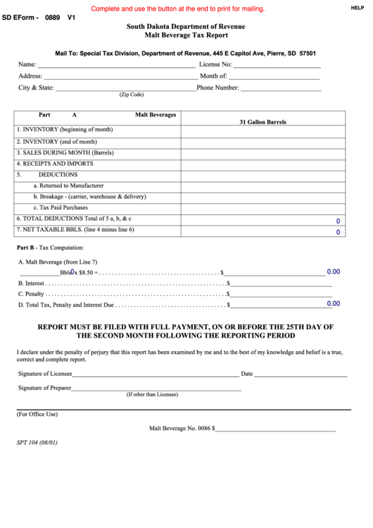Fillable Sd Eform 0889 Malt Beverage Tax Report printable pdf download