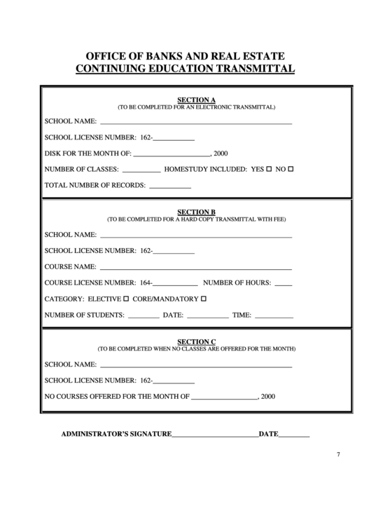 Continuing Education Transmittal Form Office Of Banks And Real Estate printable pdf download