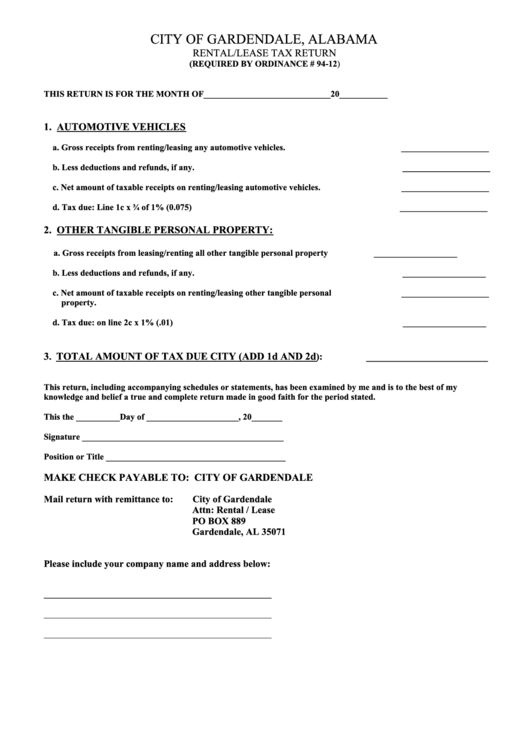 Rental/lease Tax Return Form City Of Gardendale, Alabama printable