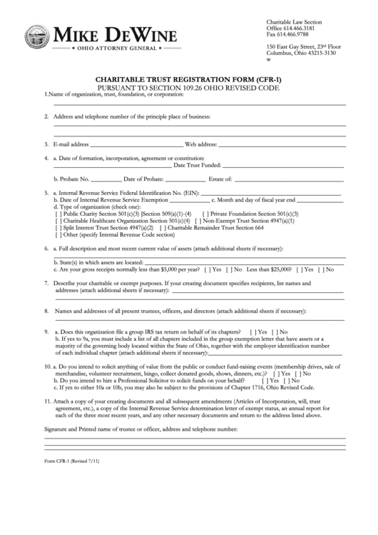 Fillable Form Cfr1 Charitable Trust Registration Form Ohio