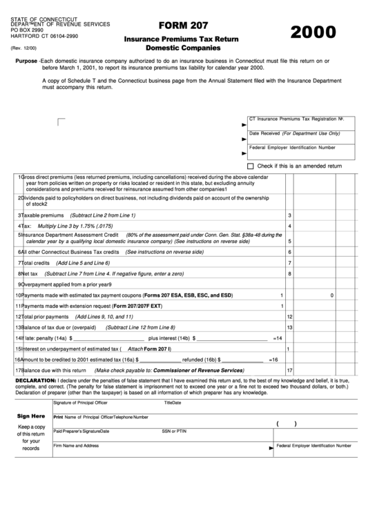 Form 207 Insurance Premiums Tax Return Domestic Companies printable pdf download