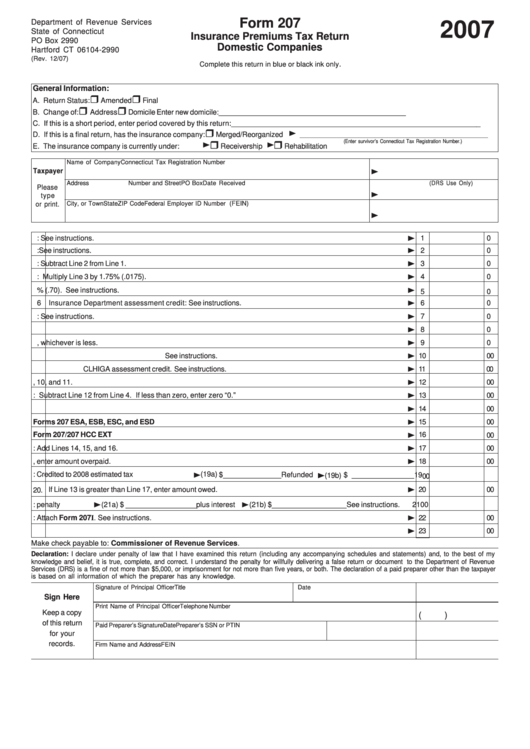 Form 207 Insurance Premiums Tax Return Domestic Companies 2007 printable pdf download
