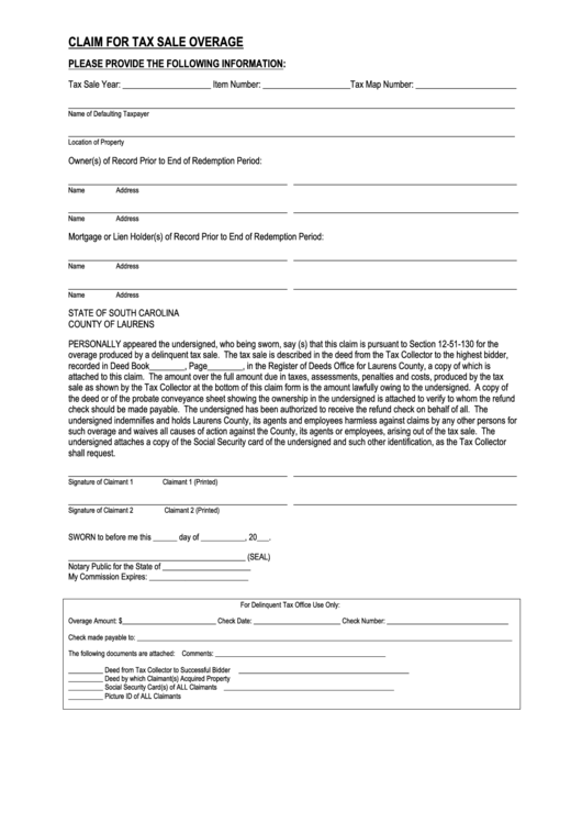 Fillable Tax Sale Overage Claim Form printable pdf download