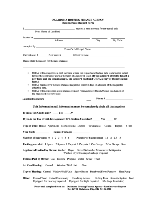 Fillable Rent Increase Request Oklahoma Housing Finance Agency Form