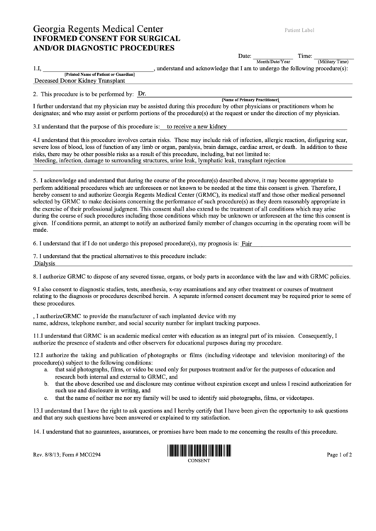 Fillable Form Mcg294 Informed Consent For Surgical And/or