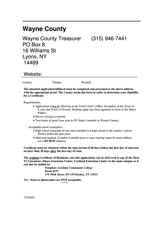 Affidavit And Application For Certificate Of Residency Form Wayne