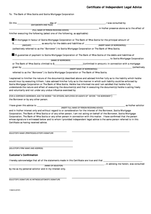 Fillable Certificate Of Independent Legal AdviceForm 1150413 printable