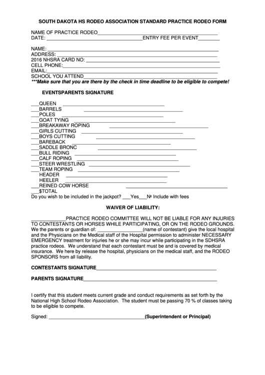 Fillable South Dakota Hs Rodeo Association Standard Practice Rodeo Form