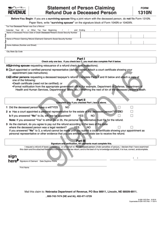 Form 1310n Statement Of Person Claiming Refund Due A Deceased Person printable pdf download