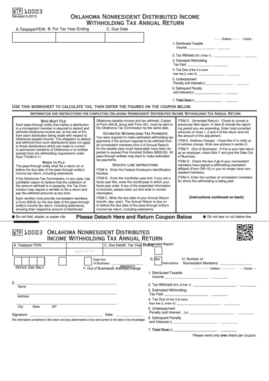 Fillable Form Wtp 10003 Oklahoma Nonresident Distributed