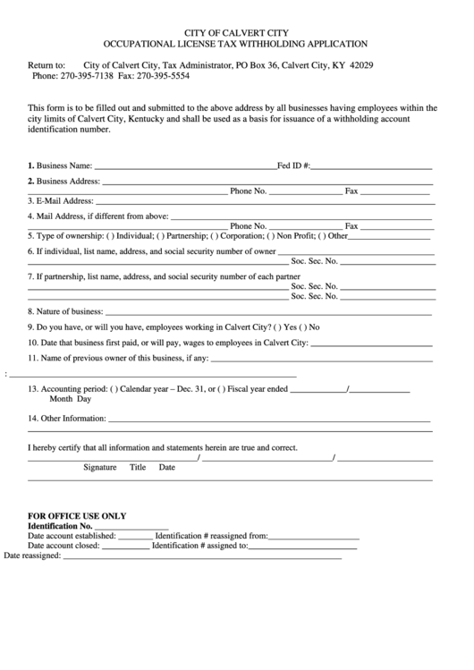 Occupational License Tax Withholding Application Form City Of Calvert City printable pdf download