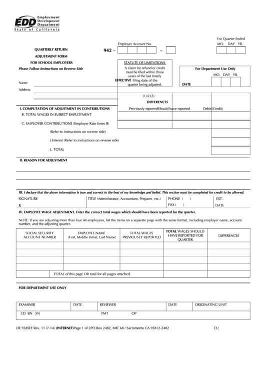Fillable Form De 938sef Quarterly Return Adjustment Form For School
