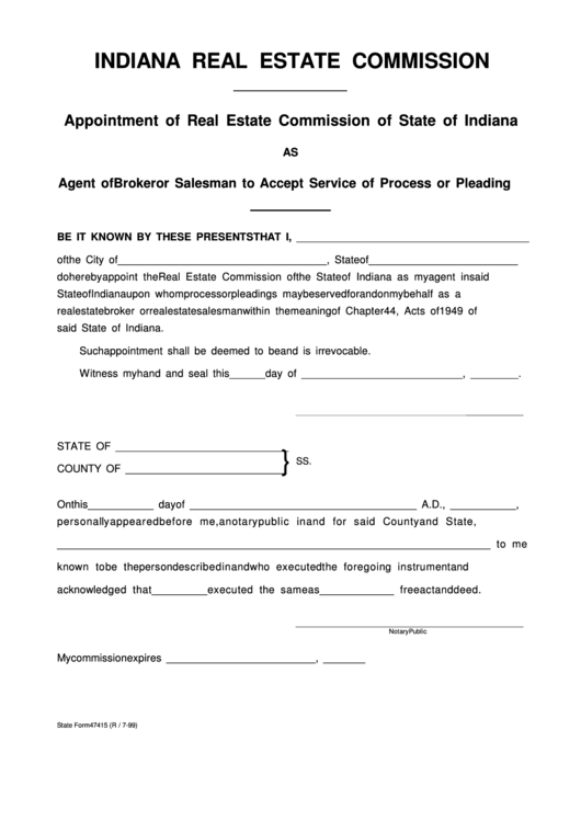 Fillable Indiana Real Estate Commission Form printable pdf download