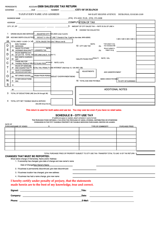 Fillable Sales/use Tax Return Form City Of Durango 2009 printable