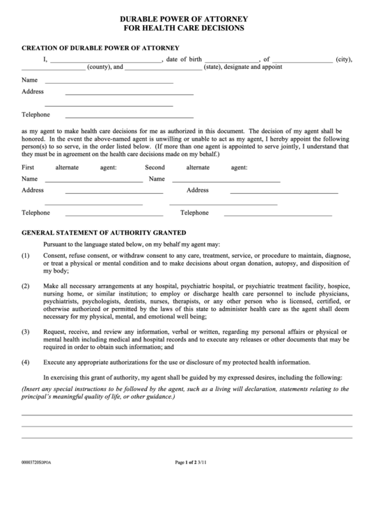 Fillable Durable Power Of Attorney For Health Care Decisions Form printable pdf download