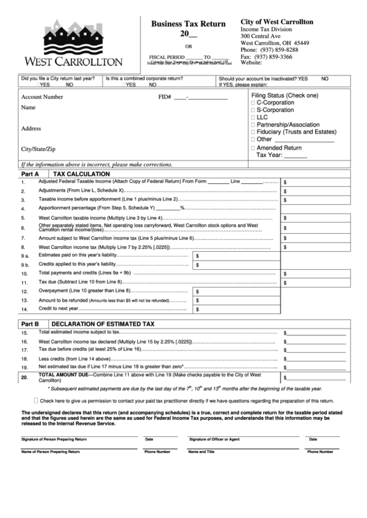 Business Tax Return City Of West Carrollton printable pdf download