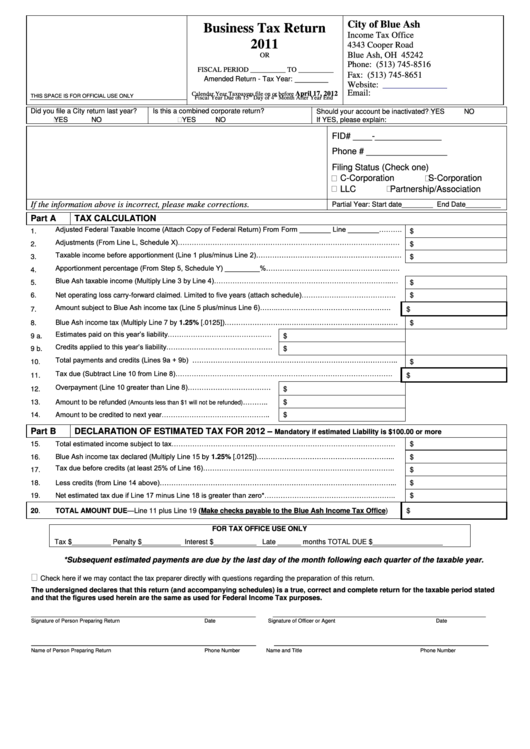 Business Tax Return Form City Of Blue Ash 2011 printable pdf download
