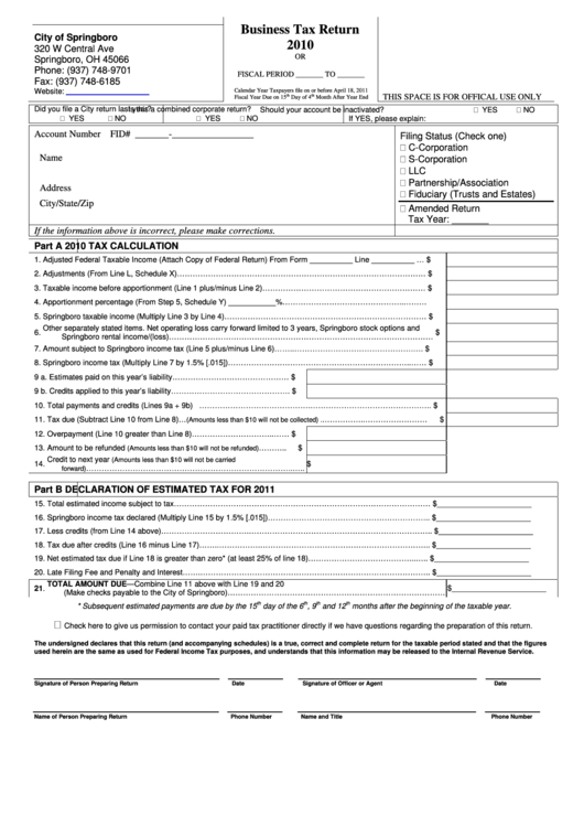 Business Tax Return Form City Of Springboro, Ohio 2010 printable