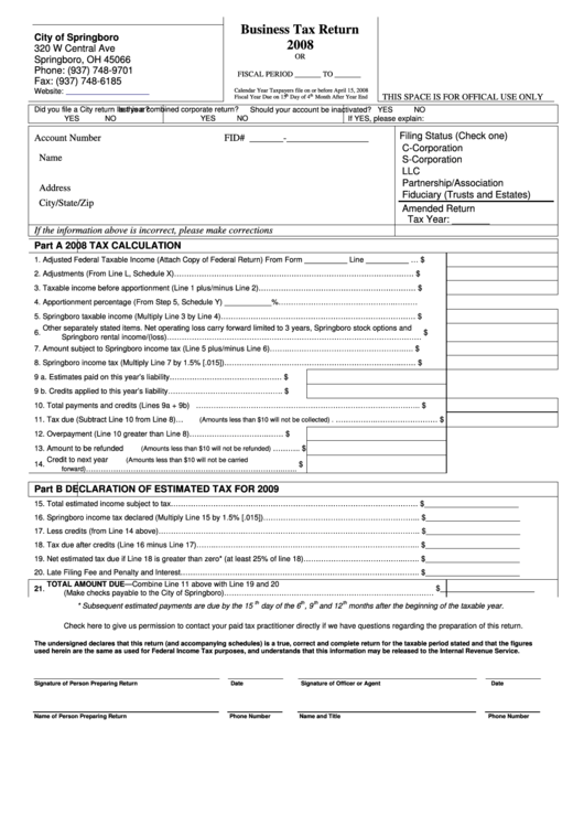Business Tax Return Form City Of Springboro, Ohio 2008 printable