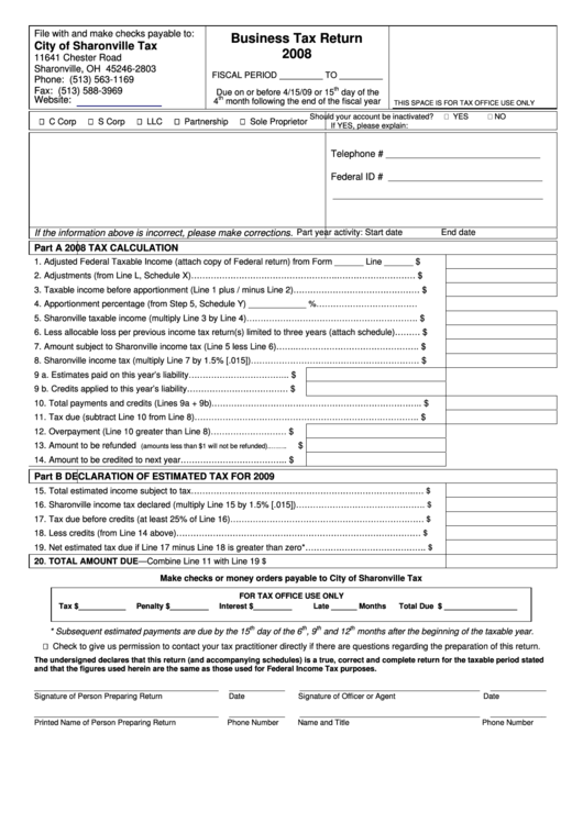 Business Tax Return Form City Of Sharonville Tax 2008 printable pdf download