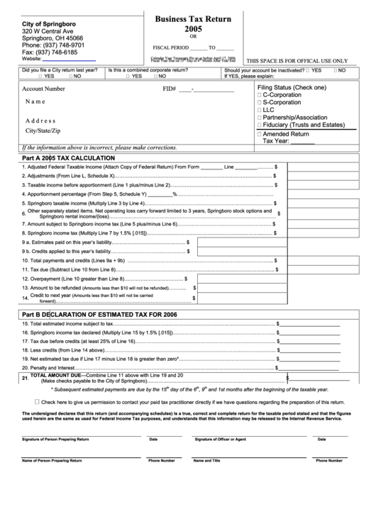 Business Tax Return Form City Of Springboro, Ohio 2005 printable