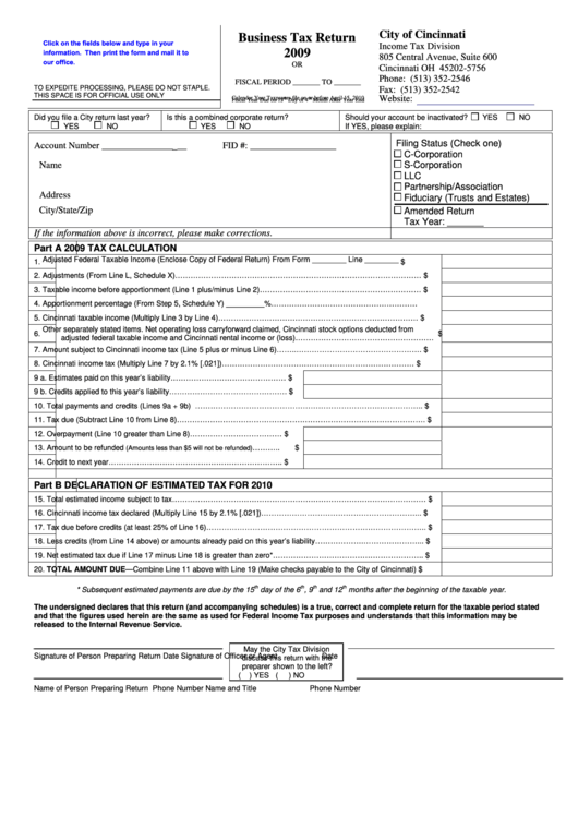 Fillable Business Tax Return City Of Cincinnati 2009 printable pdf