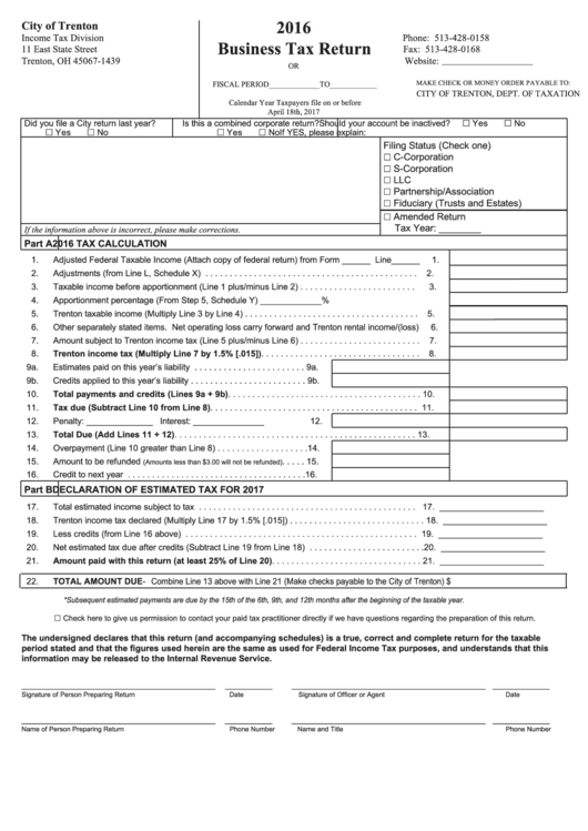Business Tax Return City Of Trenton Tax Division 2016