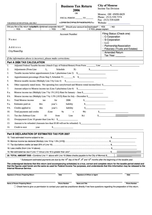 Business Tax Return Form City Of Monroe 2006 printable pdf download