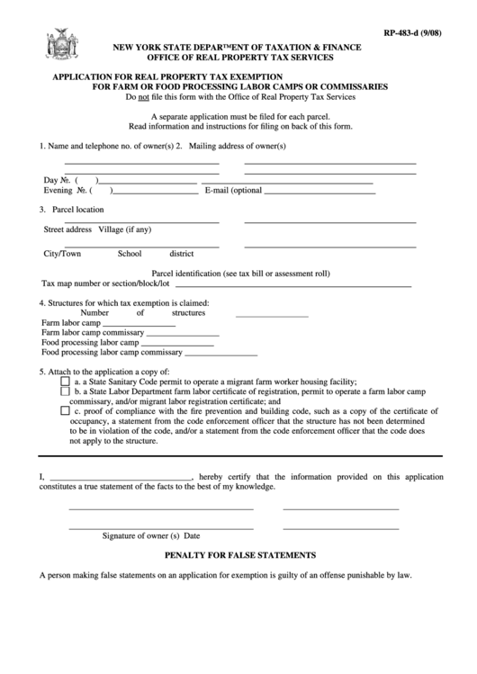 Form Rp483D Application For Real Property Tax Exemption For Farm Or