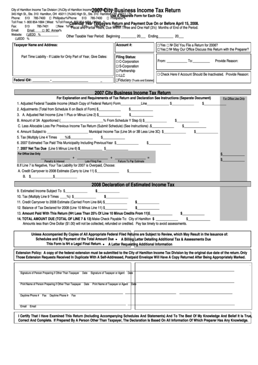 City Business Tax Return Form City Of Hamilton, Ohio 2007