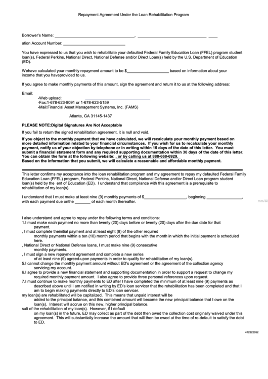 Fillable Repayment Agreement Under The Loan Rehabilitation Program Form