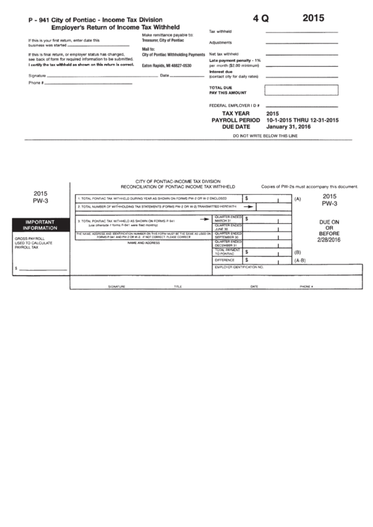 Form P941 Employer'S Return Of Tax Withheld City Of Pontiac