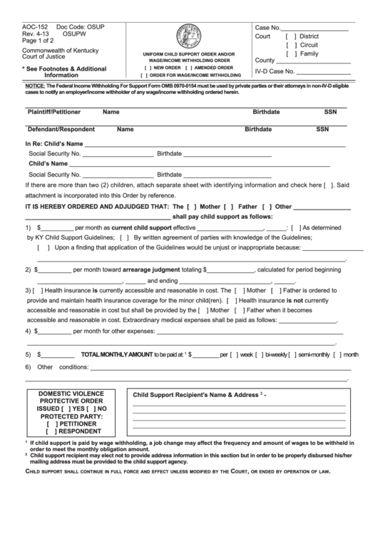 Fillable Form Aoc152Uniform Child Support Order printable pdf download
