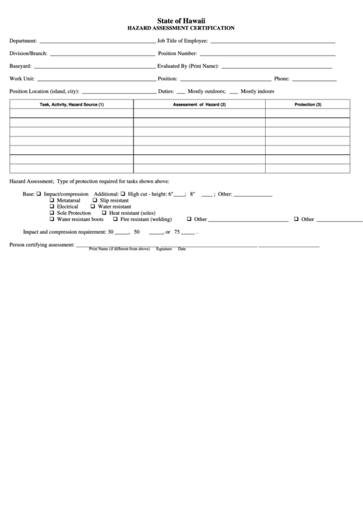 Fillable State Of Hawaii Hazard Assessment Certification (Fillible) printable pdf download