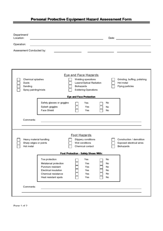 Personal Protective Equipment Hazard Assessment Form printable pdf download