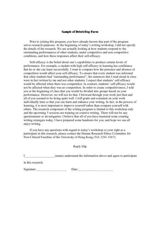 Sample Of Debriefing Form printable pdf download