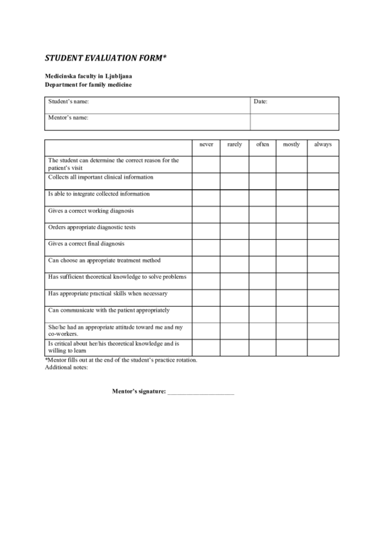 Student Evaluation Form printable pdf download