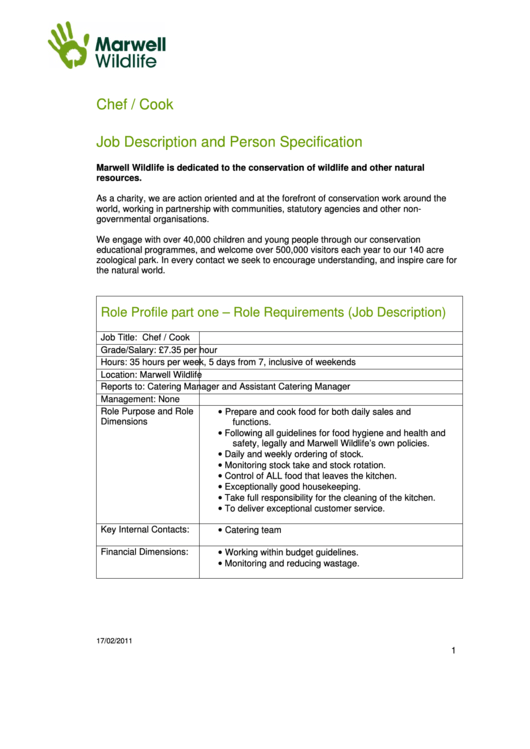 Chef / Cook Job Description And Person Specification printable pdf download