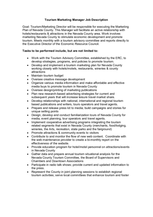 Tourism Marketing Manager Job Description printable pdf download