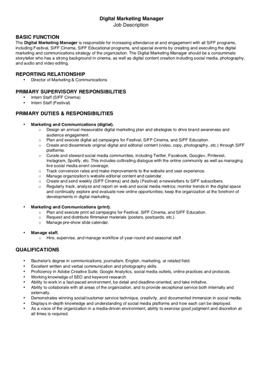 Digital Marketing Manager Job Description printable pdf download