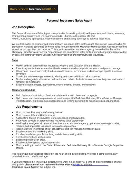 Personal Insurance Sales Agent Job Description Template printable pdf