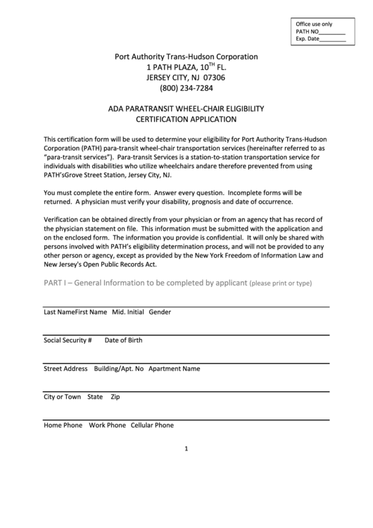 WheelChair Eligibility Certification Application printable pdf download